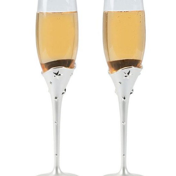 B35-NEW Pair (2) Silver Pearl Stem Toasting Glass Champagne Flutes - Picture 4 of 4